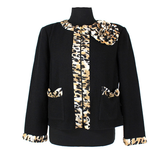 St. John Leopard Print Trim Jacket Floral Brooch Textured Knit Silk Trim 10 - Picture 1 of 7